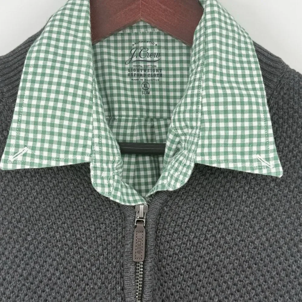 J Crew‎ Qtr Zip Charcoal Grey Sweater & Green White Check Oxford Shirt XL Slim